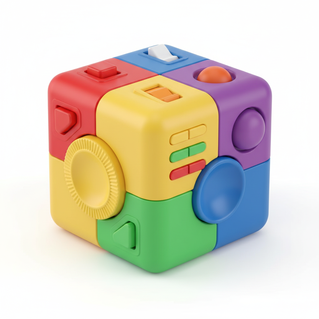 Rainbow fidget cube sensory toy with buttons switches and dials