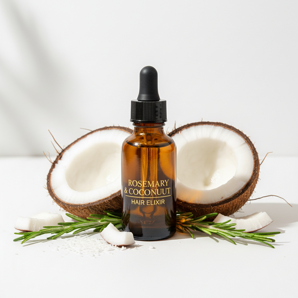Rosemary and coconut hair oil bottle with fresh rosemary sprigs and coconut